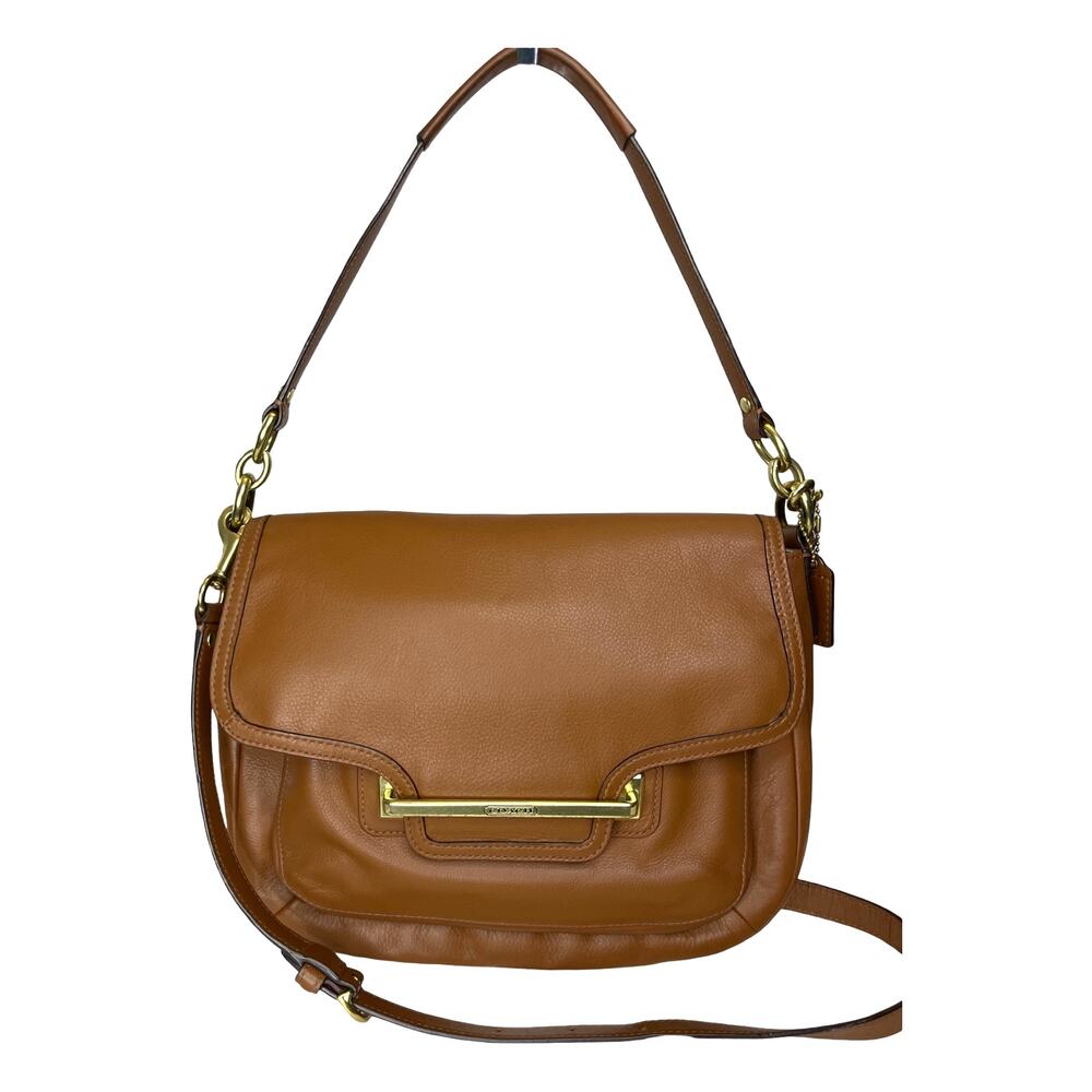 Coach Taylor Tan Leather Crossbody Shoulder Bag Flap Brass Bar Classic